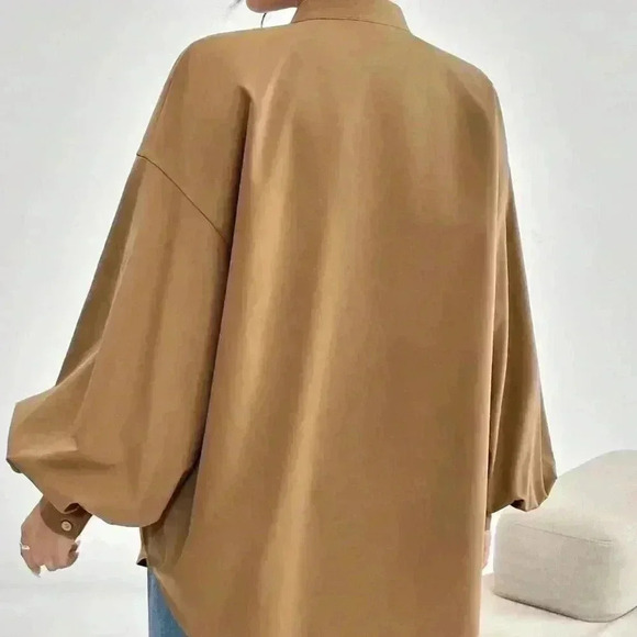 Casual Women's Lantern long Sleeve button down Blouse Tan - Picture 2 of 6